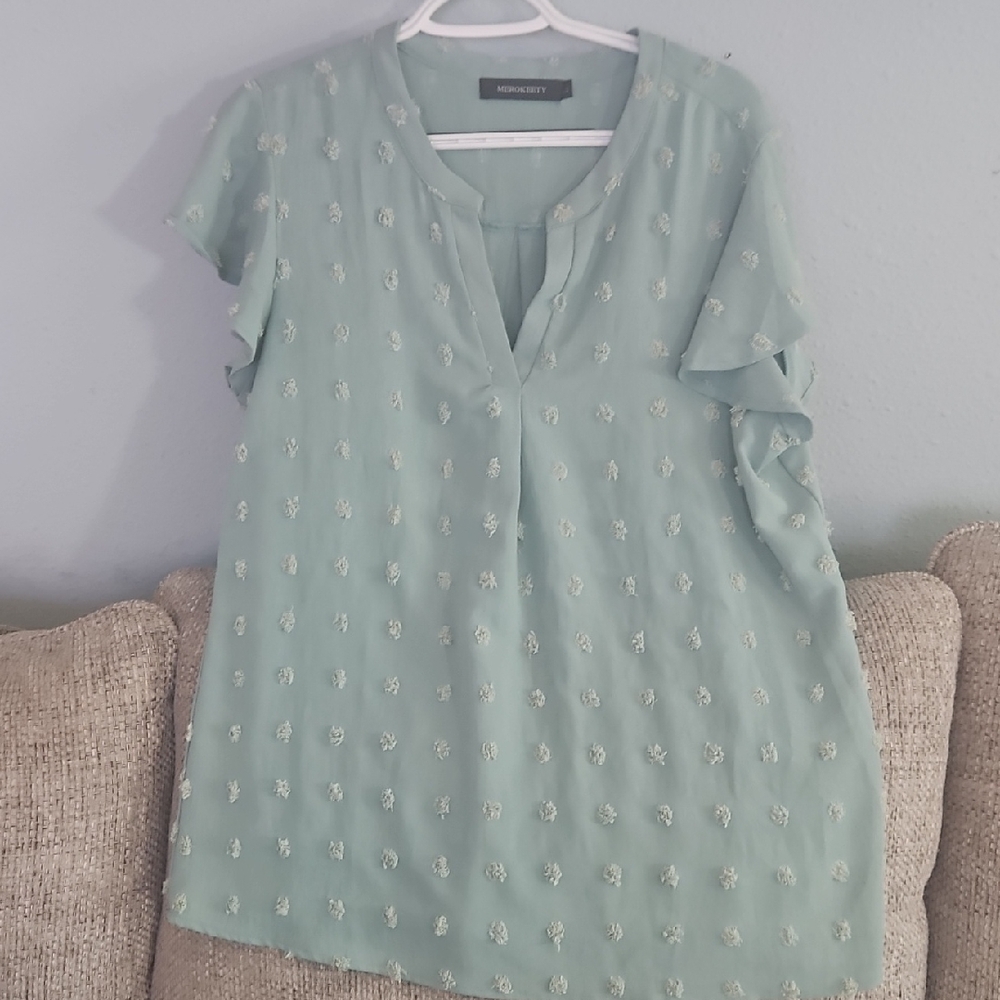 Mint Swiss Dot Ruffle Sleeve Blouse